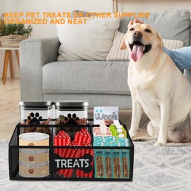 Brabtod Metal Mesh Dog Storage Organizer,5-Compartments Dog Treat Container for Countertop,Storage Bin for Dog Cat Treats, Ideal for Snack and Can Food-Black