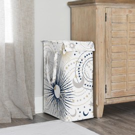 Sweet Jojo Designs Navy Blue Star and Moon Boy Girl Unisex Gender Neutral Laundry Hamper Foldable Dirty Clothes Basket with Handles Baby Nursery Kids Bedroom Teen Bathroom Celestial Stars Shabby Chic