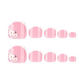 French Tip Press on Toenails White Flower Full Cover Fake Toenails Short Square Summer False Toenails Nude Toe Nails Press ons with Cute Flowers Embossed Design Glossy Toenails for Women Girls 24 Pcs