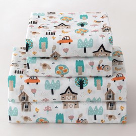 Jessrydo Full Sheet Set Kids Deep Pocket Full Sheets Soft Cute Bed Sheets 4 Pieces Full Bed Sheets Kids Boys Girls Village Pattern Printed Set with 1 Flat Sheet, 1 Fitted Sheet, 2 Pillowcases