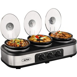 Sunvivi Sunvivi Slow Cooker, Triple Slow Cooker Buffet Server and Food Warmer, 3-Section 1.5-Quart Upgraded Oval Ceramic Pot with Stainless Steel Lid Rests, 3 Spoons, Total 4.5 QT