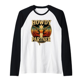 Howdy Partner Western Cowboy Longhorn Skull Sheriff Star Raglan Baseball Tee