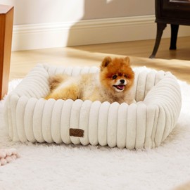 Bedsure Bedsure Cute Dog Bed for Small Medium Dogs - Washable Furry Puppy Beds, Rectangle Orthopedic Corduroy Fleece Pet Beds with Removable Zipper Cover, 25x21x7inches, Cream