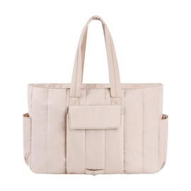 Cayeelu Tote Bag for Women - Large Work Tote with Laptop Compartment, Puffy Quilted Travel Bag, Beige