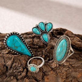 Navirix Vintage Turquoise Western Rings for Women,Exaggerated Chunky Oval Floral Snake Knuckle Rings Set,Boho Stack Layered Aesthetic Country Jewelry (4Pcs)