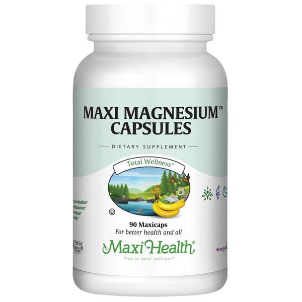 Maxi Health Magnesium Capsules - Energy Production - Muscle & Nerve Health - Bone Support - Magnesium Supplement from Magnesium Oxide, Magnesium Glycinate Chelate and Magnesium Citrate - 90 Count by Maxi Health