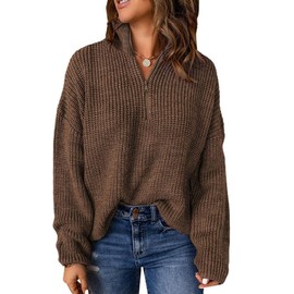 Dokotoo Sweaters for Women Waffle Knit Tops Long Sleeve Quarter Zip Pullover for Women Business Casual Fall Fashion 2025 Winter Trendy Clothes V Neck Oversized Brown Sweater Medium