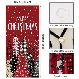 Whaline Merry Christmas Door Cover Xmas Tree Hanging Banner Red Photo Background for Indoor Outdoor Home Party Supplies, 31.5 x 67 Inch