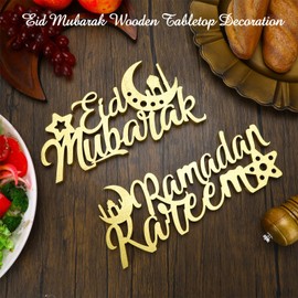 2 Pieces Eid Adha Ramadan Decorations for Home Eid Adha Mubarak Wood Sign Ramadan Kareem Sign Decoration Islamic Home Decor Gifts Wooden Letter Moon Star Desktop for Eid Adha Party Home Office