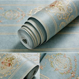 Self-adhesive Non-woven Wallpaper Simple European Style 3D Embossed Damask AB Version Wallpaper Living Room Bedroom Bedside TV Background Wall 20.87"Wx236.22"L Peel And Stick (Sapphire blue B)