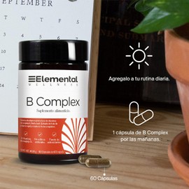 ELEMENTAL Complejo B Completo, 673mg, Hecho por PiSA, Vegano, Vitaminas B1, B2, B3, B5, B6, B7, B9, B12, BioPerine ® (alta biodisponibilidad),13 Frutas y Verduras, Biotina, Multivitamínico, 60 Cápsulas, 2 Meses - Elemental