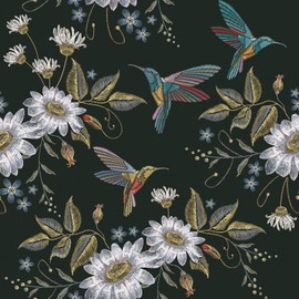 Mangoloo Black and White Floral Peel and Stick Wallpaper Vintage Blue Birds Stick on Wallpaper Contact Paper for Cabinets and Drawers Bedroom Accent Wallpaper 17.5''x102'' Self Adhesive Removable