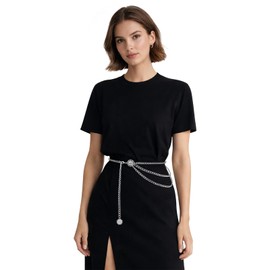 Giomos Gold Chain Belt for Women, Metal Waist Chain Link Belts for Dresses, Jumpsuit, Jeans, or Pirate Costume Accessories, Silver, S