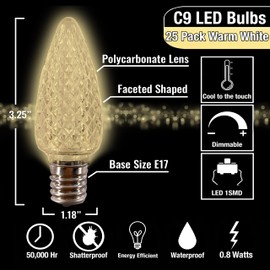 MIK Solutions C9 Christmas Lights LED Bulb (Pack of 25) Soft Warm White Replacement Christmas Light Bulbs Faceted Retrofit Candle Shape Commercial Grade E17 Socket Roof Lights Bulbs