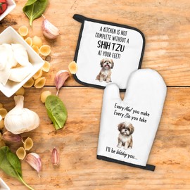 FIicy Shih Tzu Gifts Dog Oven Mitts and Pot Holders Sets, Shih Tzu Gifts for Women, Dog Kitchen Accessories Sets, Complete Without a Shih Tzu Dog Heat Resistant Oven Glove Potholders for Kitchen