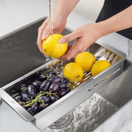 Micvtve Over the Sink Colander Strainer Basket Stainless Steel- Wash Vegetables and Fruits, Drain Cooked Pasta - Extendable