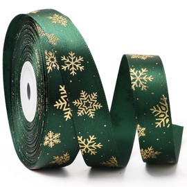20mm 25 Yards Green Christmas Ribbon Roll Gold Snowflakes Christmas Ribbons for Christmas Crafts Gift Wrapping Xmas Present Packaging Decorations