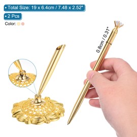 PATIKIL 2Pcs Hollow Round Pen Holder Signing Pen Set, Wedding Pen with Crystal Diamond and Pen Holder for Wedding Guests Book Engagement Opening Ceremony, Gold, Rose Gold