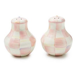 MACKENZIE-CHILDS Enamel Salt and Pepper Shakers, Farmhouse Kitchen Decor and Accessories, Small, Pink-and-White Rosy Check