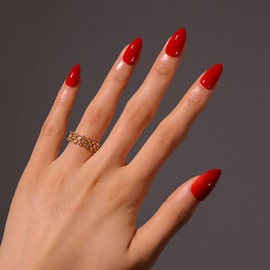 Red Press on Nails | Short Almond Fake Nails,Solid Color Acrylic Nails, Full Cover Glossy Glue on Nails,Reusable False Nails,Suitable for Women 15 Sizes -30Pcs (with glue)