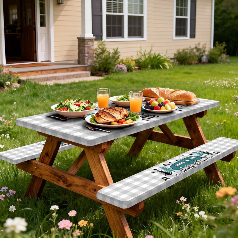 Bcsewcg Buffalo Plaid Fitted Picnic Table Cover with Bench Covers,