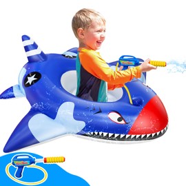 [Water Squirt Guns ] Shark Airplane Pool Floats for Kids 3-11 Years Inflatable Pool Float Kids Safety Seat Inflatable Ride-on Swim Ring Boat Pool Battle Floaties Pool Toy Games Toddler Boy Girls