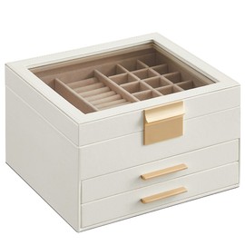 SONGMICS Caja de Joyas, 3 Niveles, Tapa de Cristal, 2 Cajones