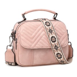OPAGE Crossbody Bags for Women, Quilted Vegan Leather Women Crossbody Purses Shoulder Handbag with Wide Strap & Top Handle, Pink