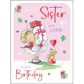 Jonny Javelin Special Sister Birthday Card - Happy Birthday Card with Girl and Teddy Bear Design with Foil and Flitter Details - Birthday Card for Girls