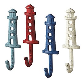 Lighthouses - Antique Style Weathered Wall Hooks Set of 4 - Aqua, Red, Blue, White