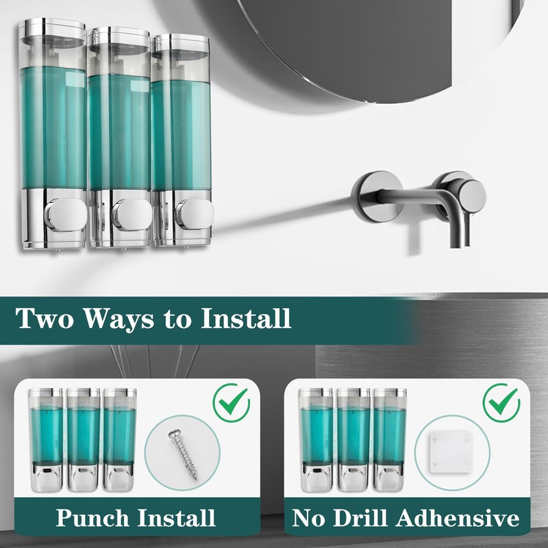 Ribech Soap Dispenser, 3 Chamber 300mL Shampoo and Conditioner Dispenser