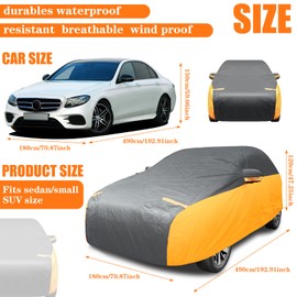 Riakrum Full Car Cover Waterproof All Weather for Automobiles Windproof Cover Rain UV Protection Sun Scratch Resistant Outdoor Universal(Fit Sedan Length (185-193'') 70'' H,Black, Orange)
