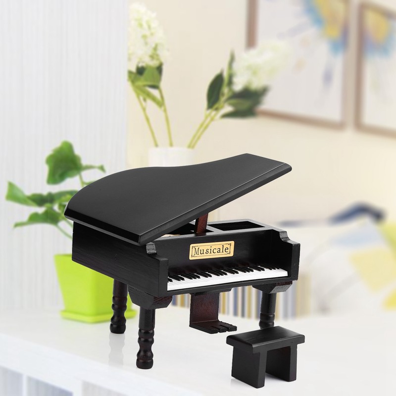 Grand Piano Shaped Windup Wooded Music Box with Small Stool