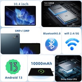 Semeakoko 2024 Android Tablet 10.4 inch Android 13 Tablets with 12GB+128GB,TF 1TB,Octa-Core,10000mAh+18W PD Fast Charger,Quad Speakers,2K,incell Display,5G/2.4G Dual-Band WiFi, Bluetooth 5.0, GPS