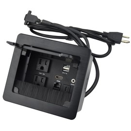 Tabletop Brush Flip Connectivity Box with 2 AC Power + 2 USB Charger + HDMI + 1 3.5mm Audio + USB-C Data + RJ45(cat6) for Conference Room (Black)