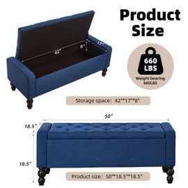 DRM‘SCUUM 50" W Storage Ottoman Bench with Safety Hinge, Load up to 660 lb Ottoman with Storage, Upholstered Tufted Entryway Bench with Seating for Living Room, Bedroom, Entryway, Blue