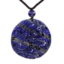 Keleny Natural Blue Lapis Quartzite Gemstone Dragon Phoenix Amulet 45mm Beads Charm Stone Pendant Browen Rope Necklace 20 Inch