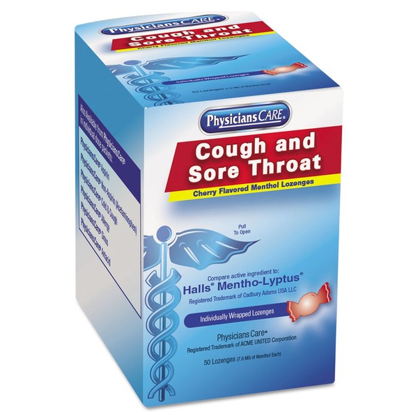 PhysiciansCare 90306 Cough and Sore Throat, Cherry Menthol Lozenges, 50 Individually Wrapped per Box
