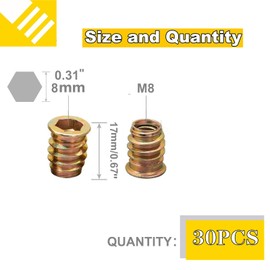 YiYFiT 30Pcs M8x17mm Furniture Threaded Insert Nuts,Carbon Steel Zinc Plated Threaded Bolt Fastener Interface Hex Socket Drive Threaded Insert Nuts for Wood Furniture