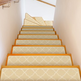 Non-Slip Stair Treads for Wooden Steps Indoor, 15 Packs 30X8in Stair Carpet Runners Rugs, Reusable Peel and Stick Stair Covers for Kids, Elders, and Dogs, 100% Polyester Surface Staircase Pads, Beige