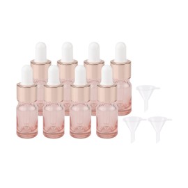 Kesell - Paquete de 8 botellas cuentagotas rosas de 5 ml, frascos de vidrio recargables vacíos, aceites esenciales, envase de viaje, con tapa de oro rosa y 3 embudos