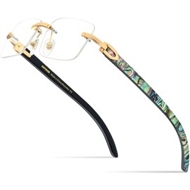 HEPIDEM 100% Really Buffalo Horn and Mussel Shell Rimless Eyeglass Frame 908 (908 Black Horn Wave Circle Shell)