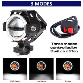 2 x Motorcycle Headlight with Angel Eyes Lights U7 DRL Fog Lights for Cars Bicycle Boat ATV Headlight Front High/Dim/Strobe 3 Modes 3500K Blue Colour Included Switch