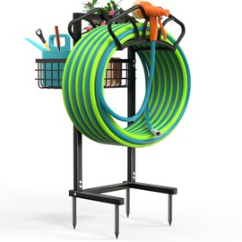 Qatsrin Upgraded Garden Hose Holder with Large Basket, Heavy Duty Water Hose Holder Supports 160-ft Hoses, Freestanding Detachable Hose Stand Storage Reel Hanger Rack for Yard Lawn Farm