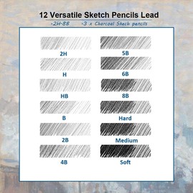 Surcotto Pencils Set, 9 Pencils with 3 Charcoal Pencils, 1 Sharpener, 1 Eraser, 2H H HB B 2B 4B 5B 6B 8B, Drawing Pencils for Beginners Artists, Professional Graphite Pencil