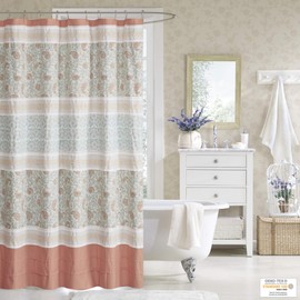 Madison Park Dawn Cotton Fabric Shower Curtain Pintucked, Paisley Design Machine Washable, Shabby Chic Modern Home Bathroom Décor Bathtub Privacy Screen, 72"x72", Coral