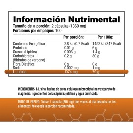 L-Lisina - 1074 mg por Porción (2 al Día) Aminoácido Esencial - 200 Cápsulas - S&V - Sin Gluten y Sin OMG.