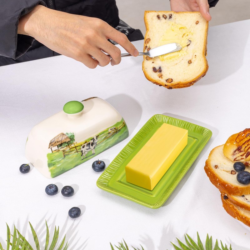 Cow Butter Dish with Lid for Countertop, Large Ceramic Embossed