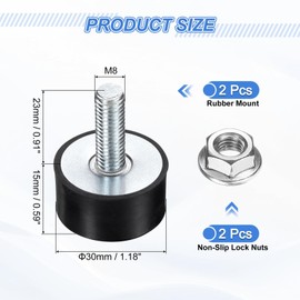 sourcing map 2Pcs M8 Thread Rubber Mounts, Vibration Isolators, Cylindrical Shock Absorber with Studs 30 x 15mm with Non-Slip Nuts