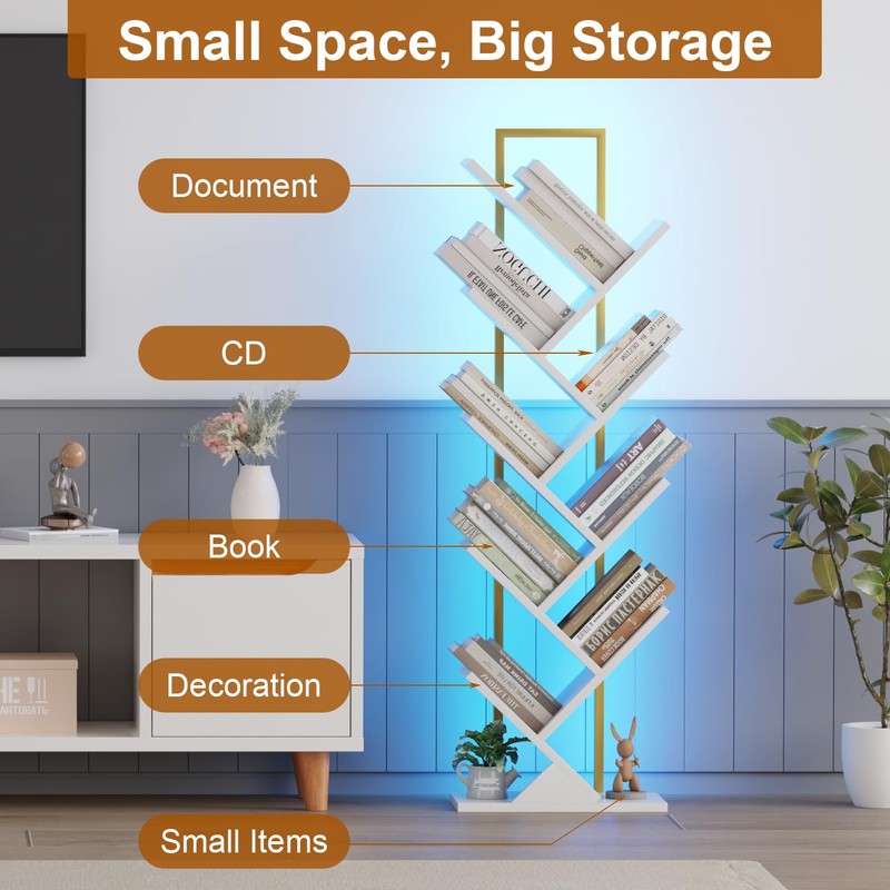 Qupui Tree Book Shelf with LED Lights, 9 Tier Floor
